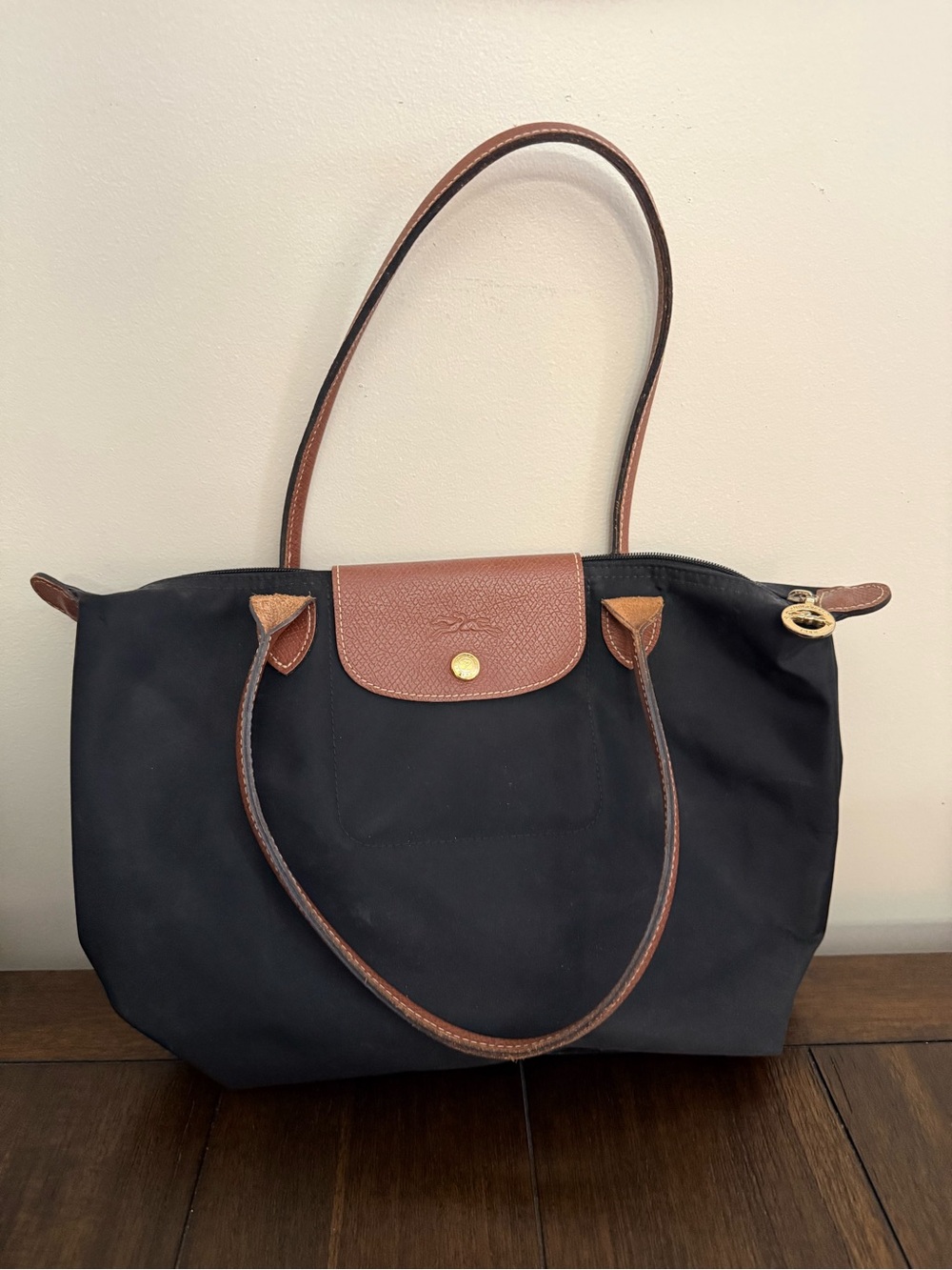 Longchamp Classic Black Tote with Brown Trim